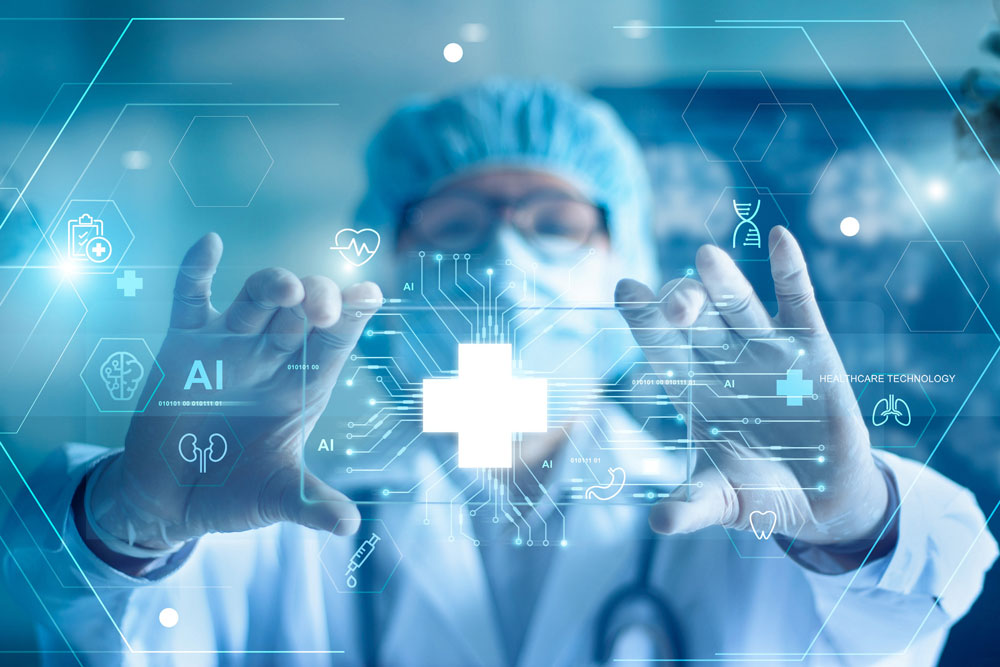 Medical technology, doctor use AI robots for diagnosis, care, and increasing accuracy patient treatment in future. Medical research and development innovation technology to improve patient health.