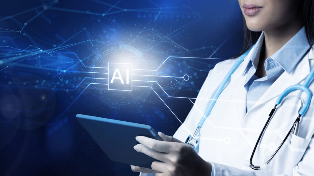 Woman doctor uses an AI assistant on digital tablet for patient diagnosis and treatment. Medical practice development