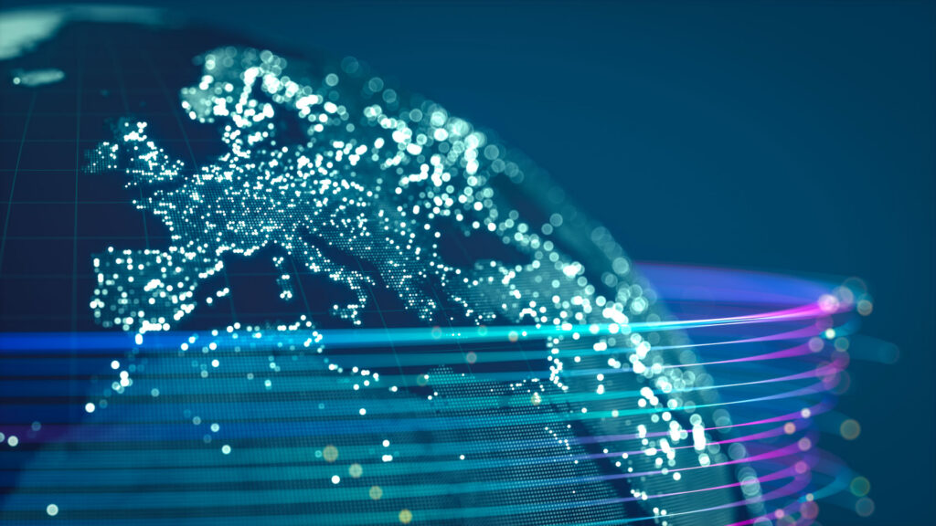 An abstract representation of Earth focuses on European connectivity. Glowing dots form the continent, and data streams orbit the planet, suggesting high-speed information transfer, QQFS, Market research cycle time